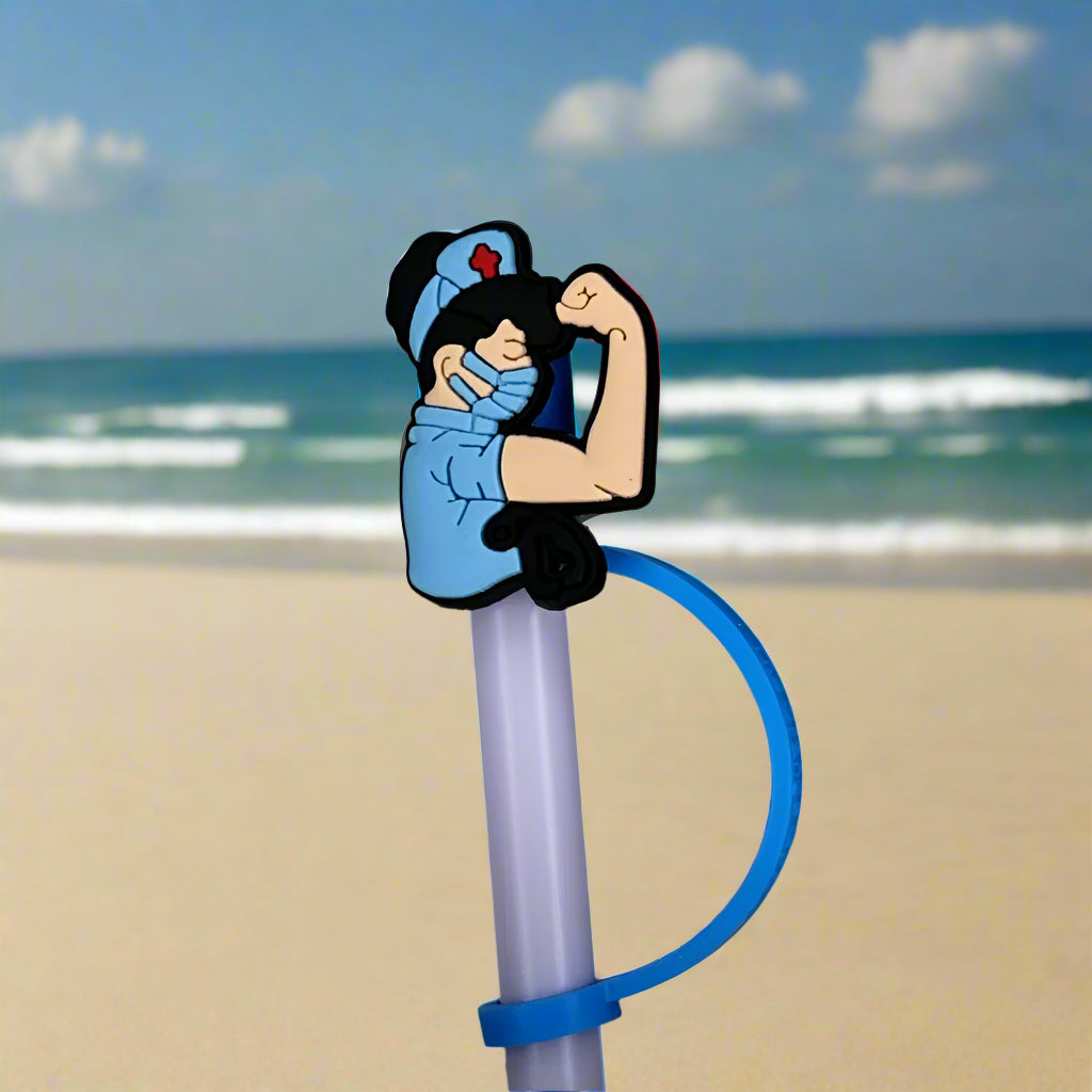 Nurse with Blue-T Croc Straw Topper